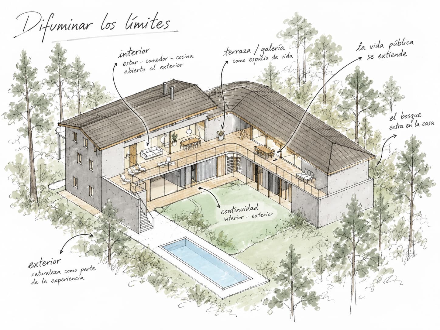 Difuminar los límites: continuidad del estar, la galería y el bosque en una vista de Casa Ángel