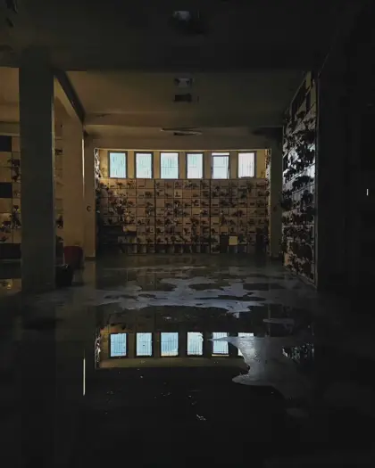 Ventanas y muros cubiertos de imágenes reflejados en el agua del piso.