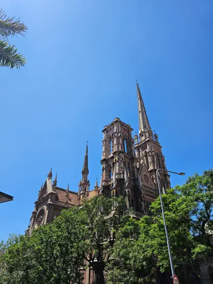 Agujas de una iglesia emergiendo sobre la vegetación.